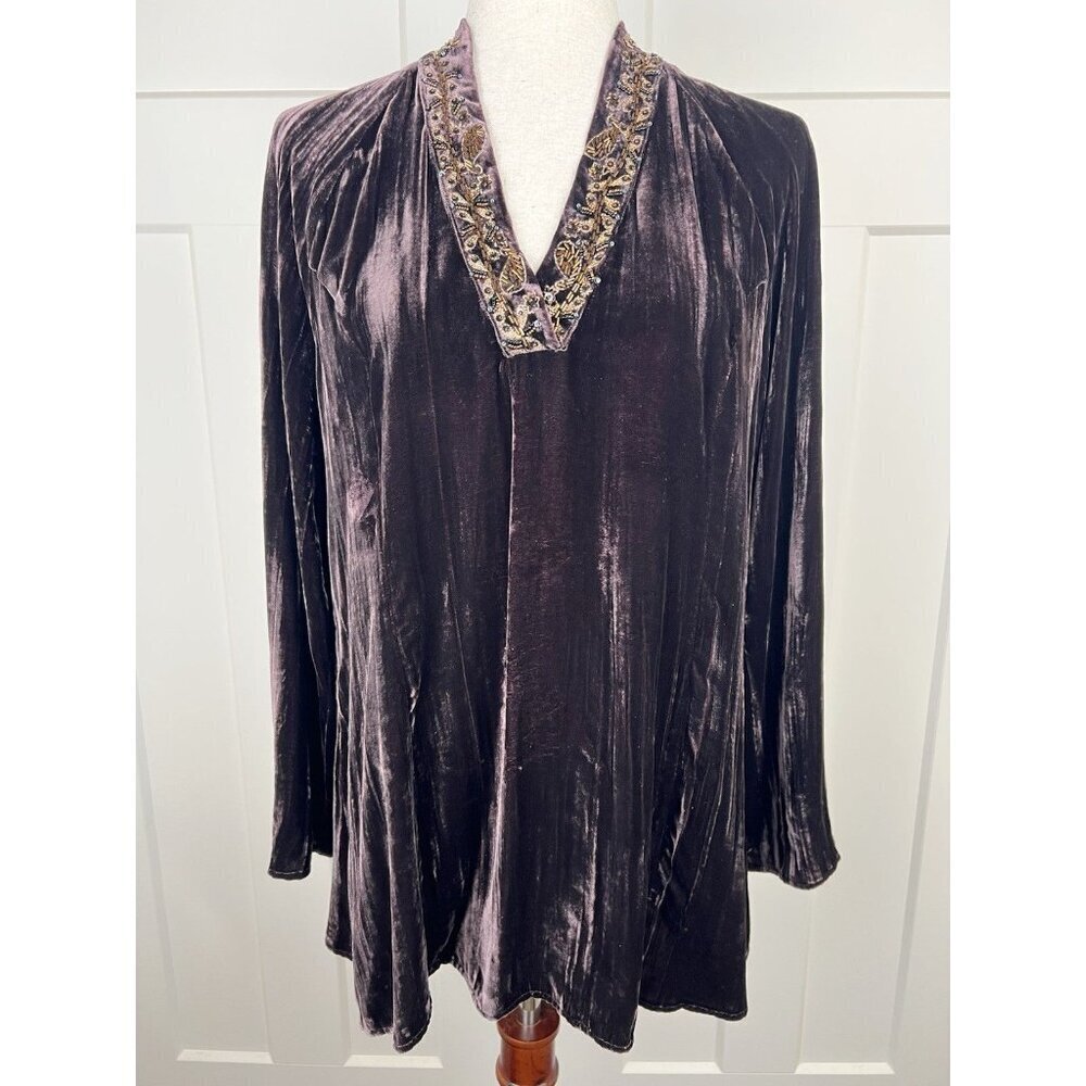 Silk Crushed Velvet Beaded Tunic Top Brown Boho Fairycore Womens Med